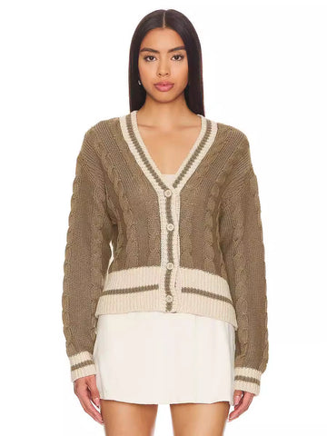 Woochic pull cardigan col en v tricoté lâche coloré brun S